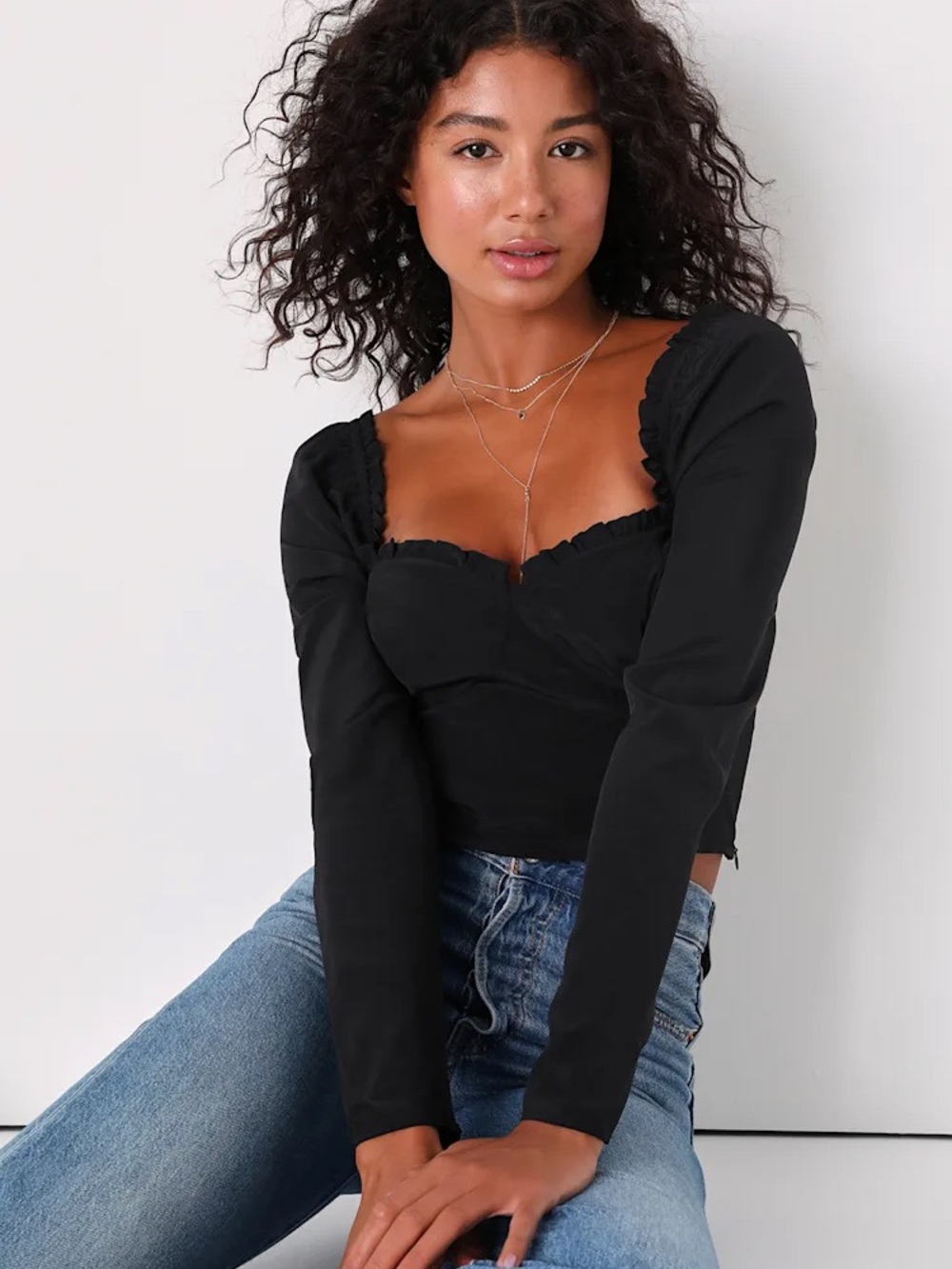 Lulu's Black Long-Sleeve Sweetheart Ruffle Top